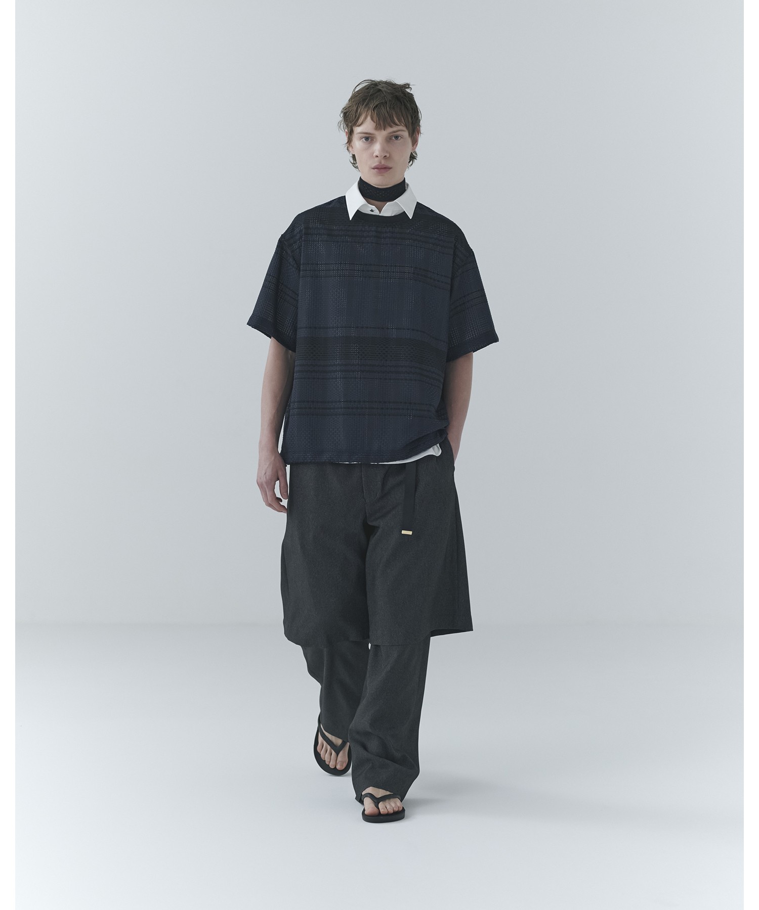 Sheer Tile Check Drawstring Short Sleeve Pullover