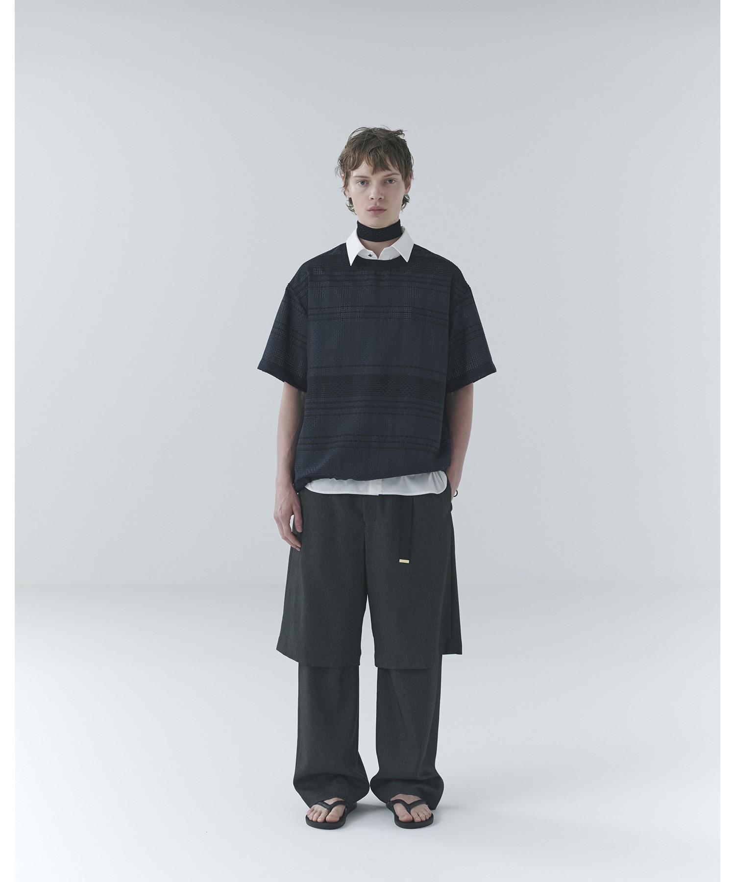 Sheer Tile Check Drawstring Short Sleeve Pullover