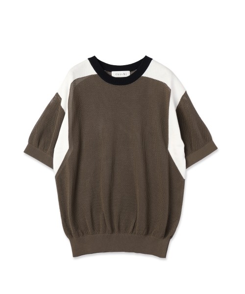 Airy Mesh Contrast Panel Short Sleeve Knit