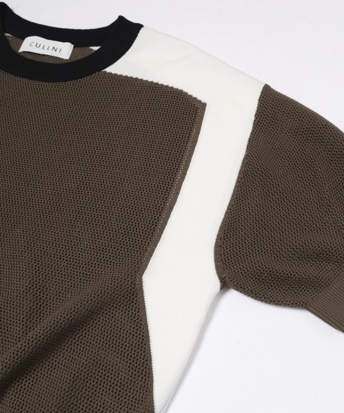 Airy Mesh Contrast Panel Short Sleeve Knit