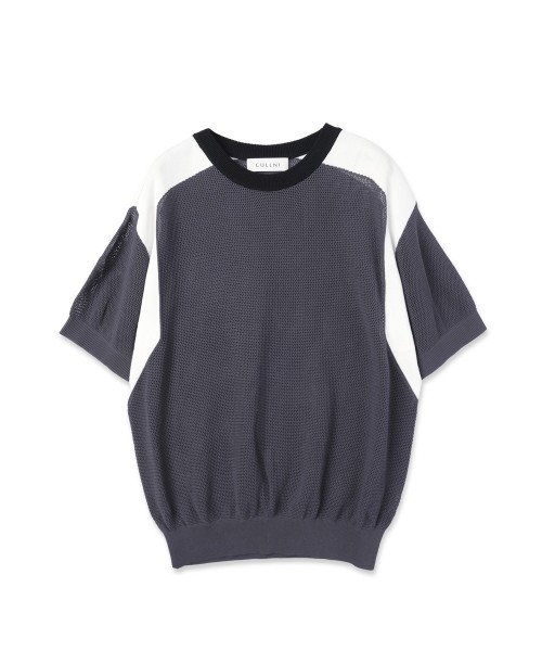 Airy Mesh Contrast Panel Short Sleeve Knit