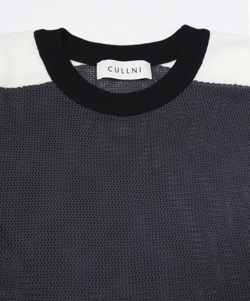 Airy Mesh Contrast Panel Short Sleeve Knit