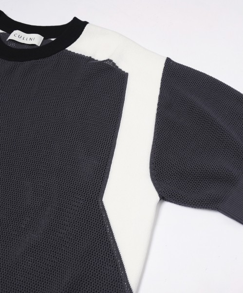 Airy Mesh Contrast Panel Short Sleeve Knit