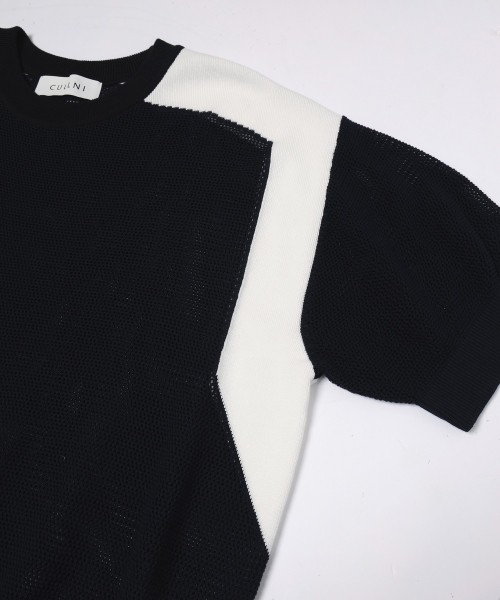 Airy Mesh Contrast Panel Short Sleeve Knit