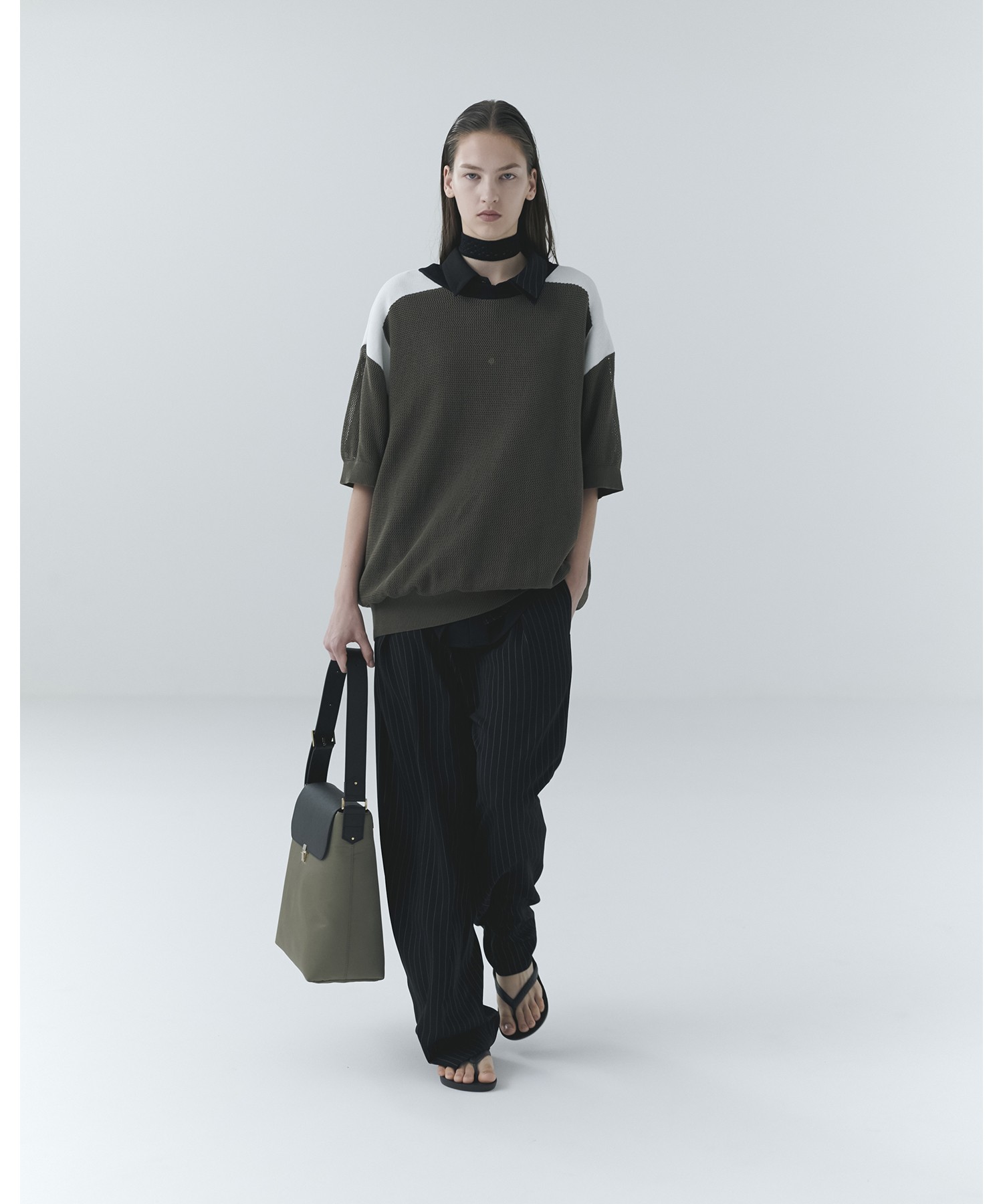Airy Mesh Contrast Panel Short Sleeve Knit