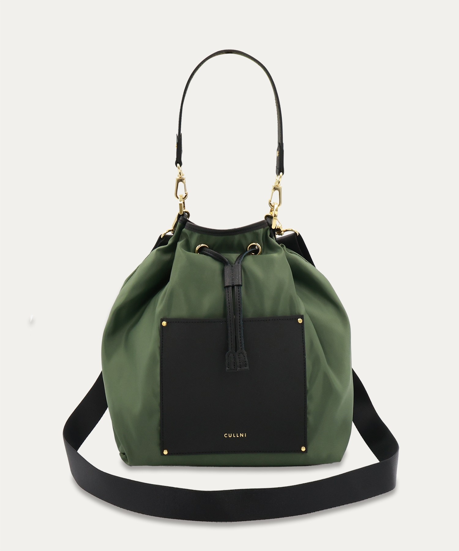 Leather Pocket High Count Taffeta Drawstring Bag