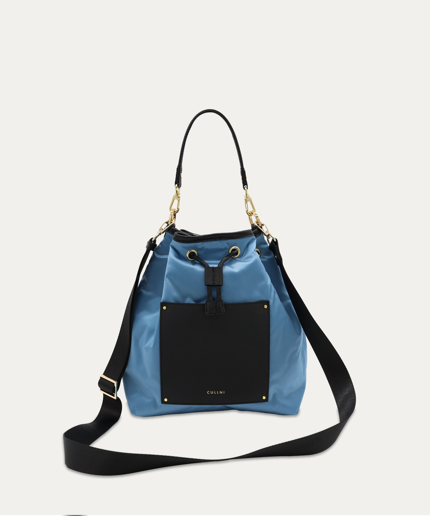 Leather Pocket High Count Taffeta Drawstring Bag