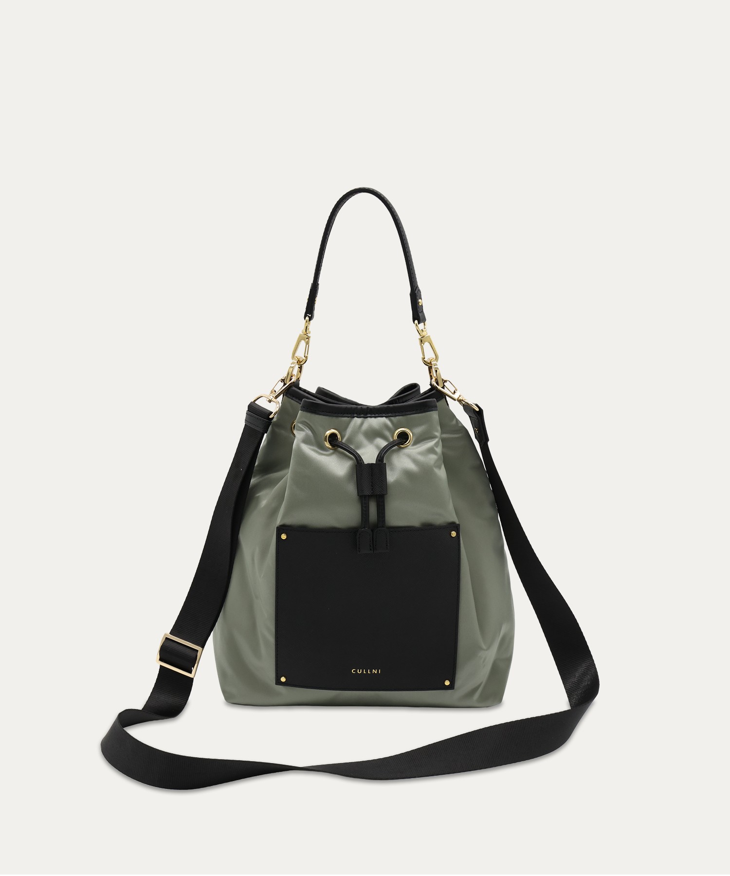 Leather Pocket High Count Taffeta Drawstring Bag