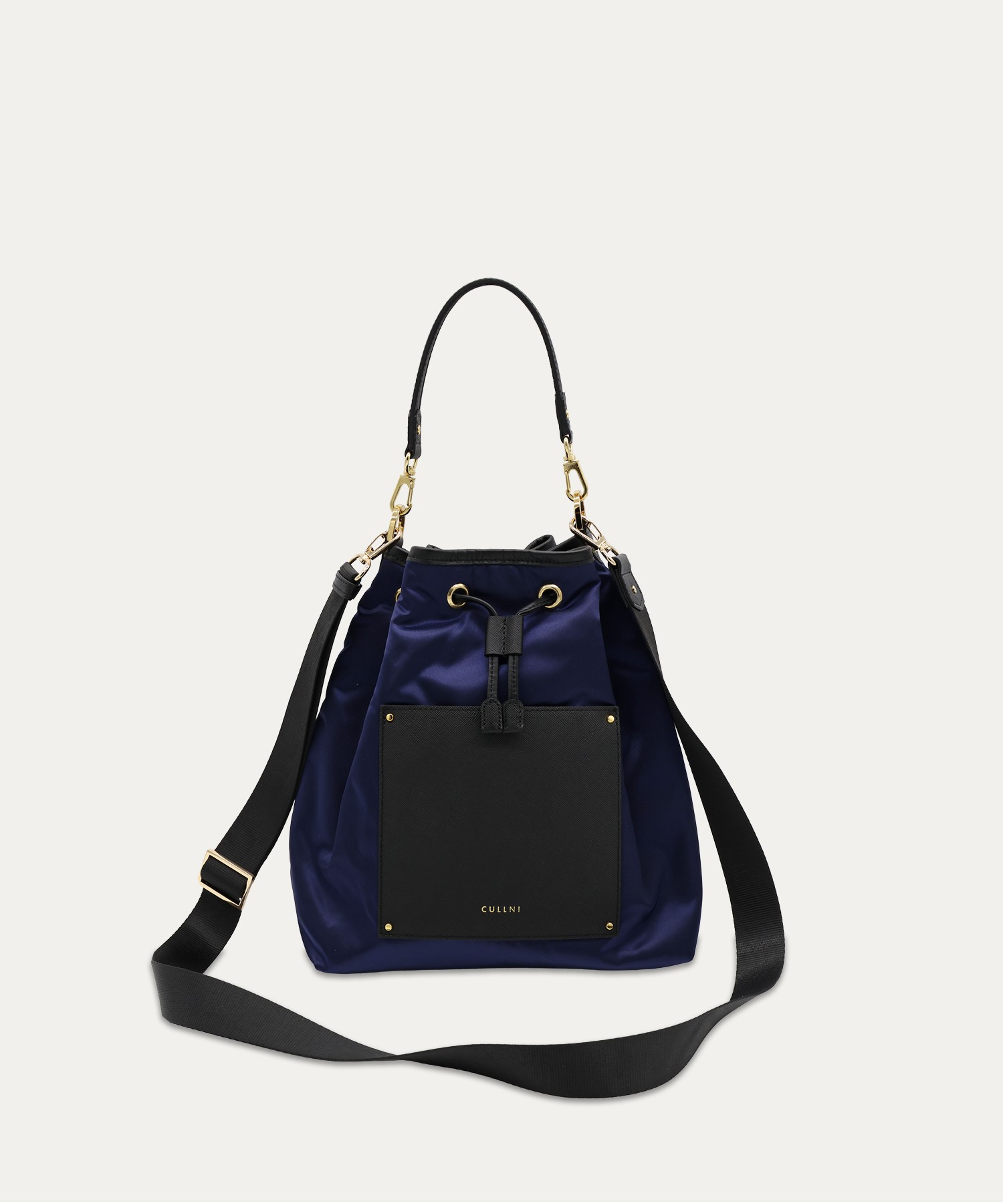 Leather Pocket High Count Taffeta Drawstring Bag