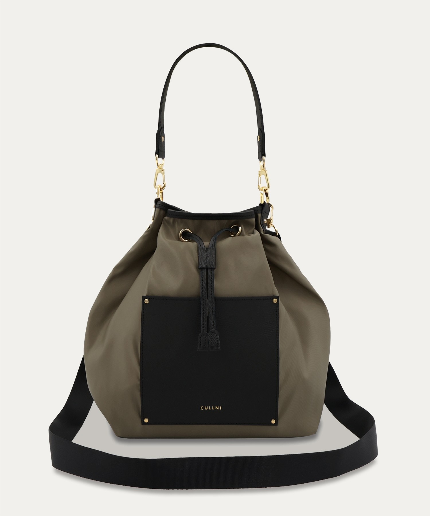 Leather Pocket High Count Taffeta Drawstring Bag