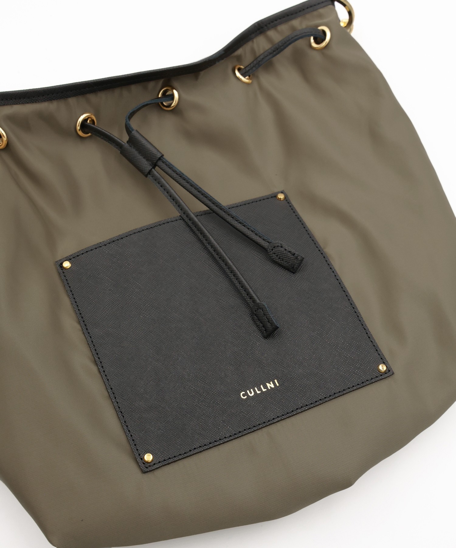 Leather Pocket High Count Taffeta Drawstring Bag