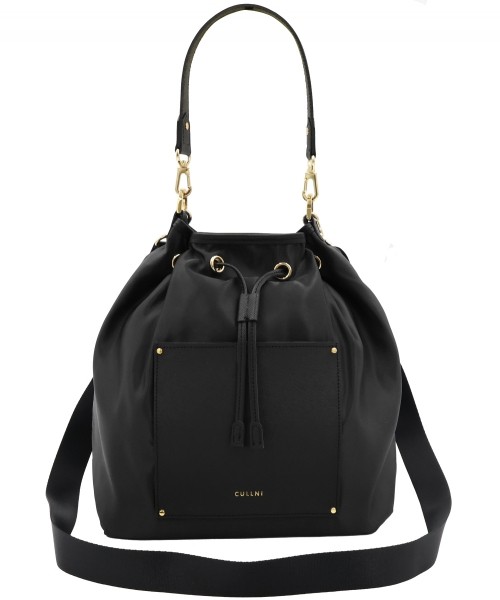 Leather Pocket High Count Taffeta Drawstring Bag