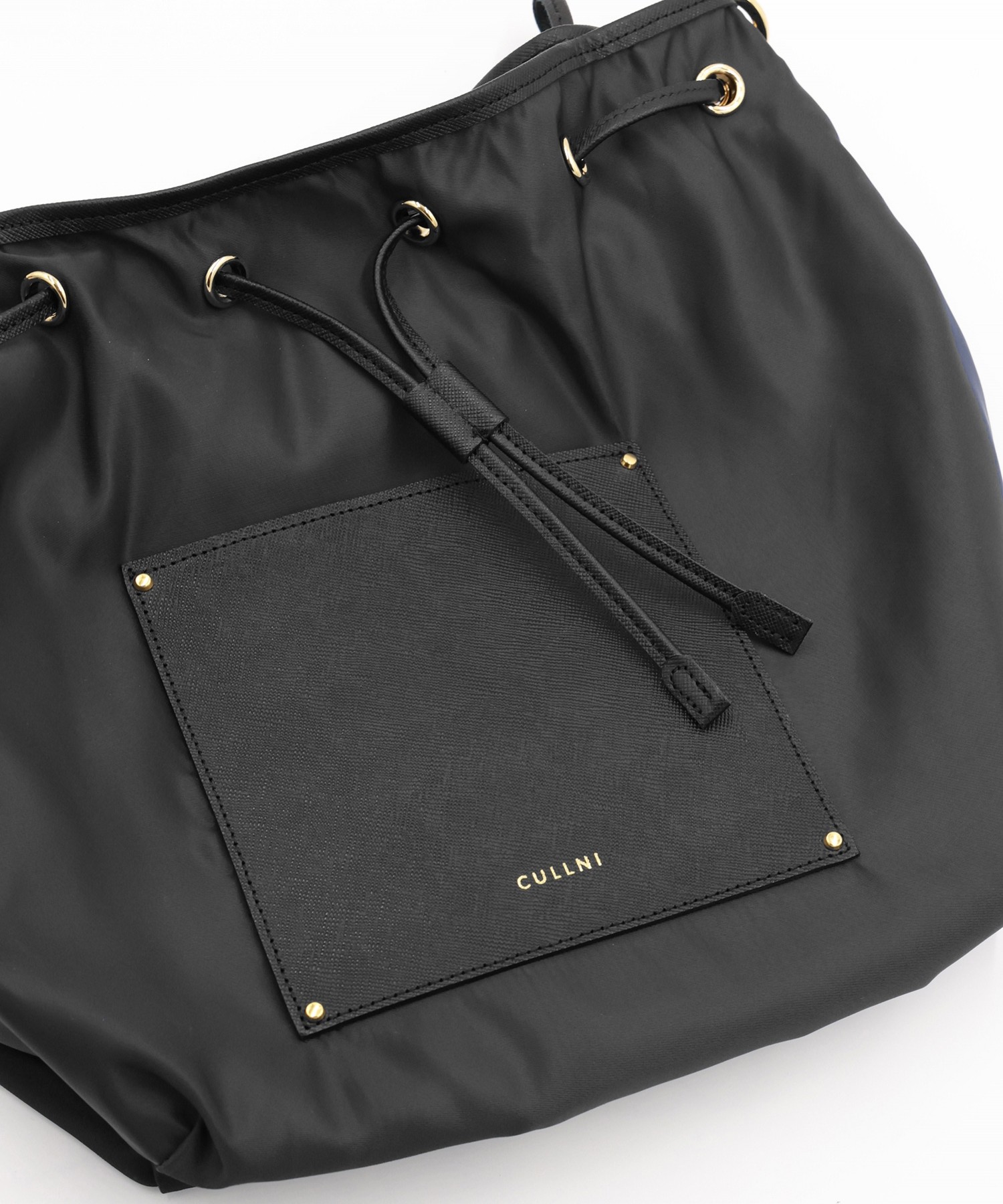 Leather Pocket High Count Taffeta Drawstring Bag