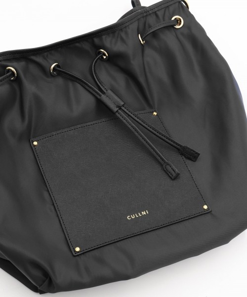 Leather Pocket High Count Taffeta Drawstring Bag