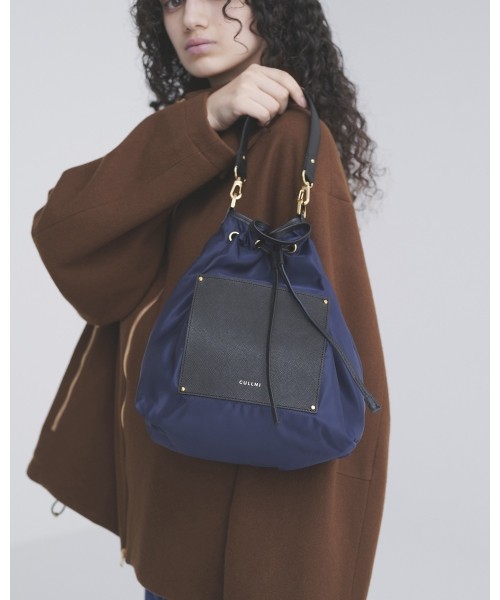 Leather Pocket High Count Taffeta Drawstring Bag