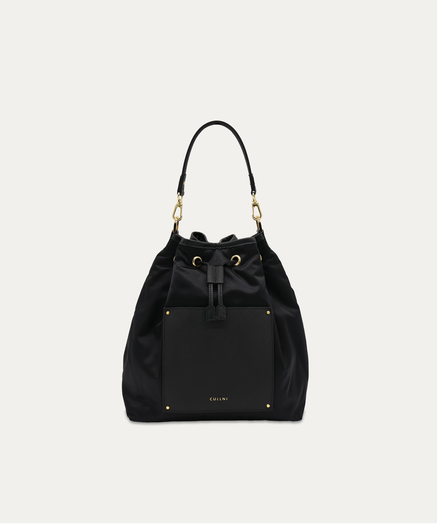 Leather Pocket High Count Taffeta Drawstring Bag