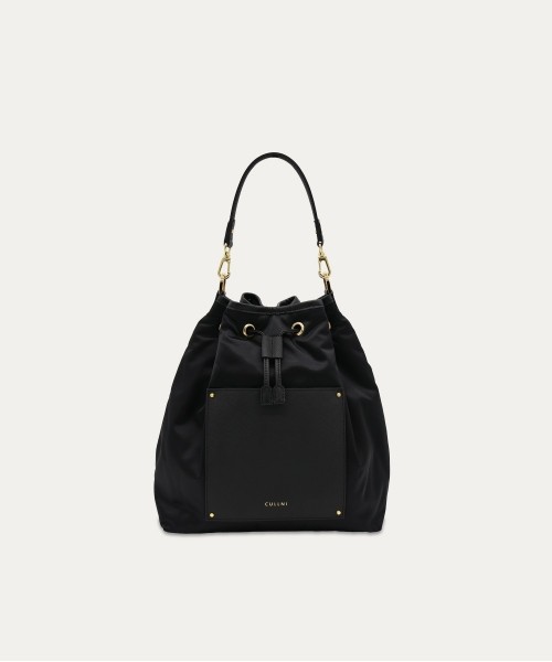 Leather Pocket High Count Taffeta Drawstring Bag