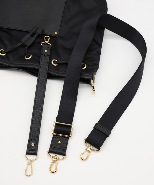 Leather Pocket High Count Taffeta Drawstring Bag