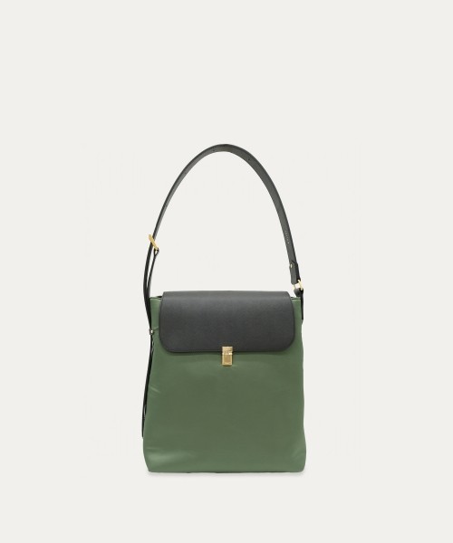 Leather Flap Nylon Twill Shoulder Bag