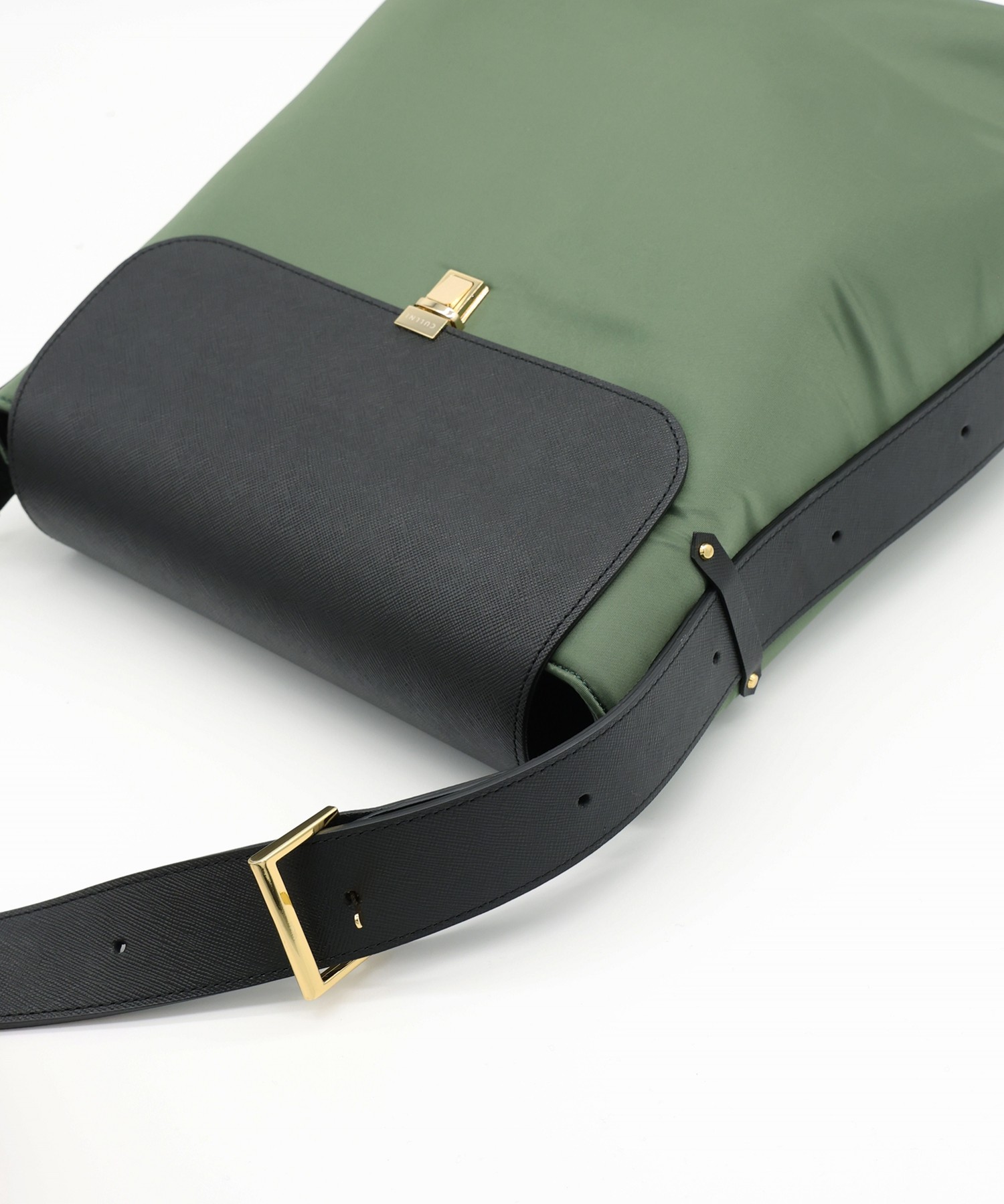 Leather Flap Nylon Twill Shoulder Bag
