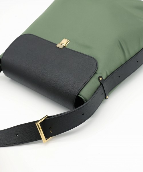 Leather Flap Nylon Twill Shoulder Bag