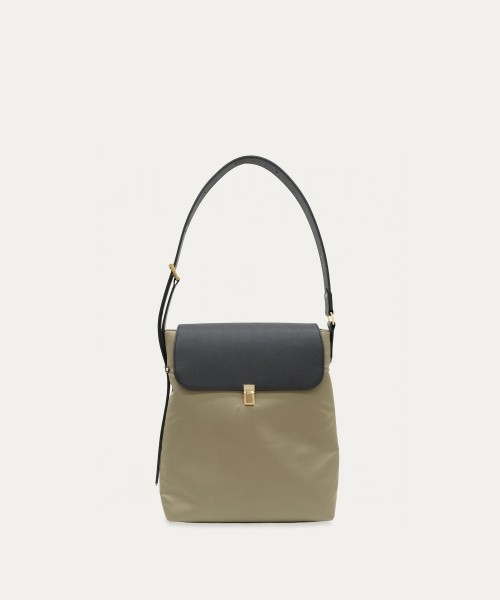 Leather Flap Nylon Twill Shoulder Bag