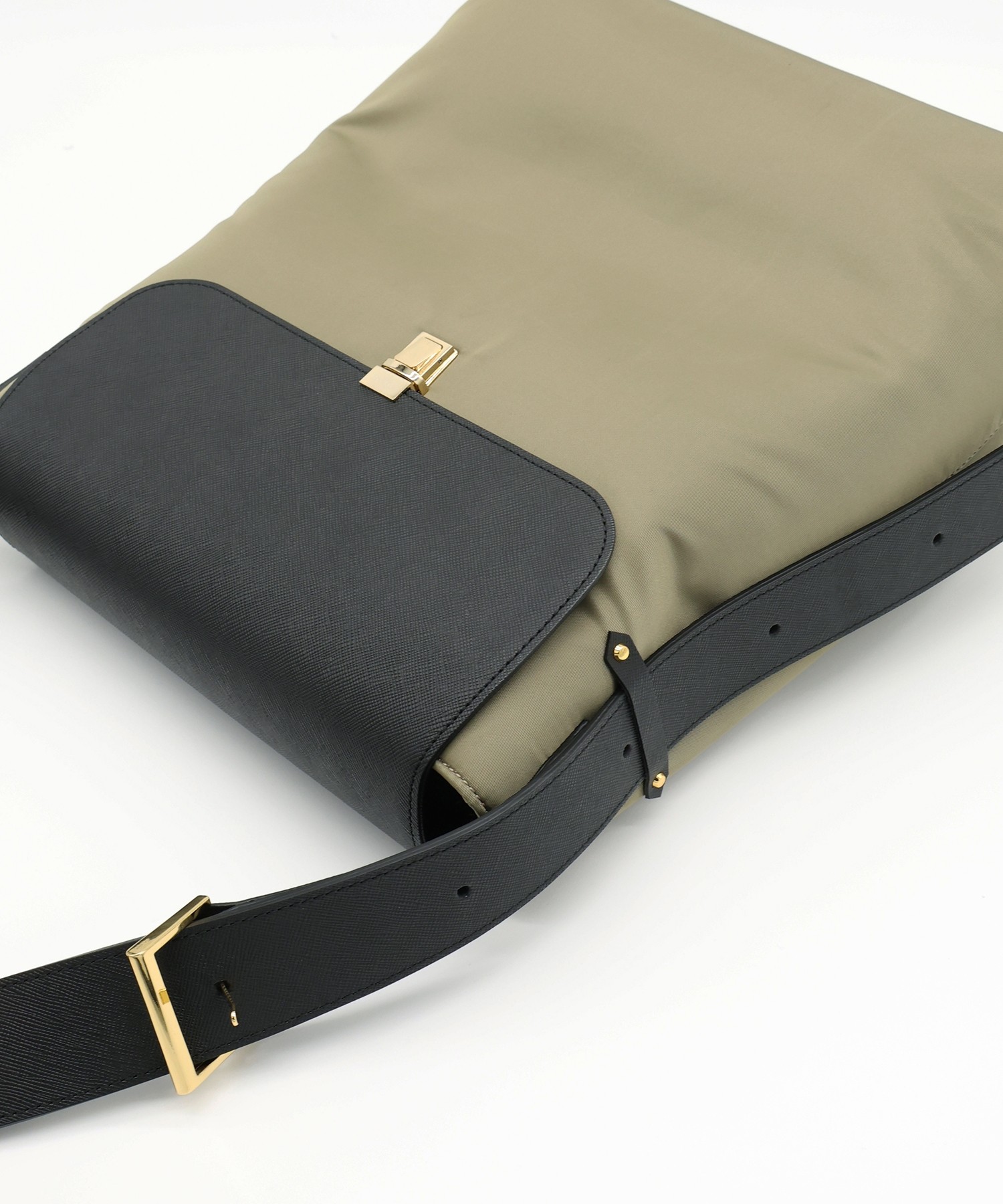 Leather Flap Nylon Twill Shoulder Bag