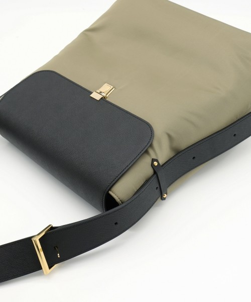 Leather Flap Nylon Twill Shoulder Bag