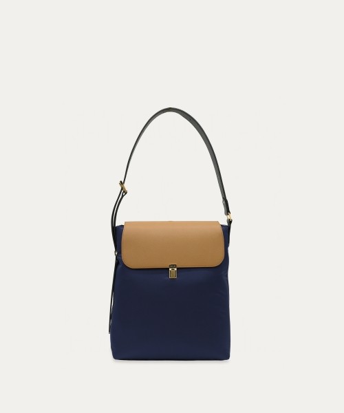 Leather Flap Nylon Twill Shoulder Bag
