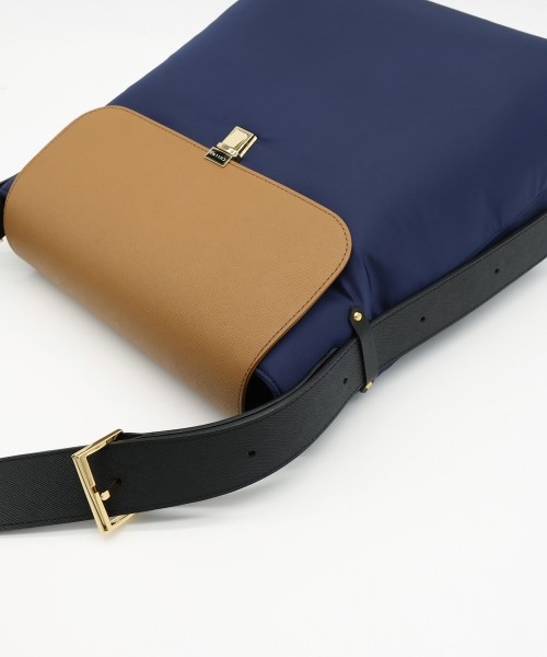 Leather Flap Nylon Twill Shoulder Bag