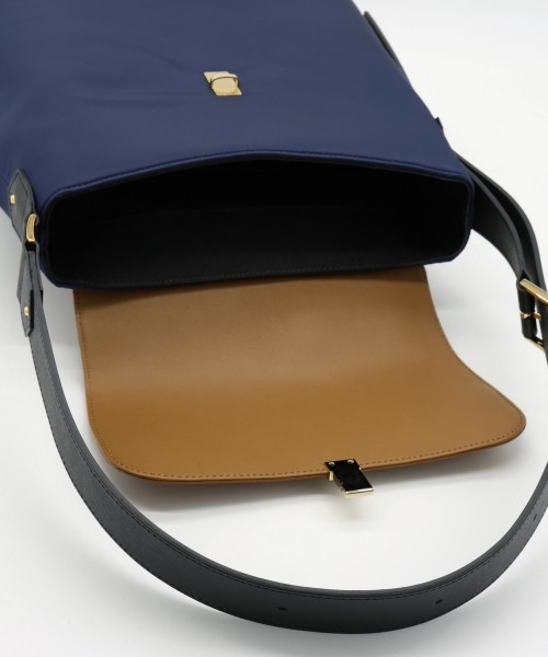 Leather Flap Nylon Twill Shoulder Bag