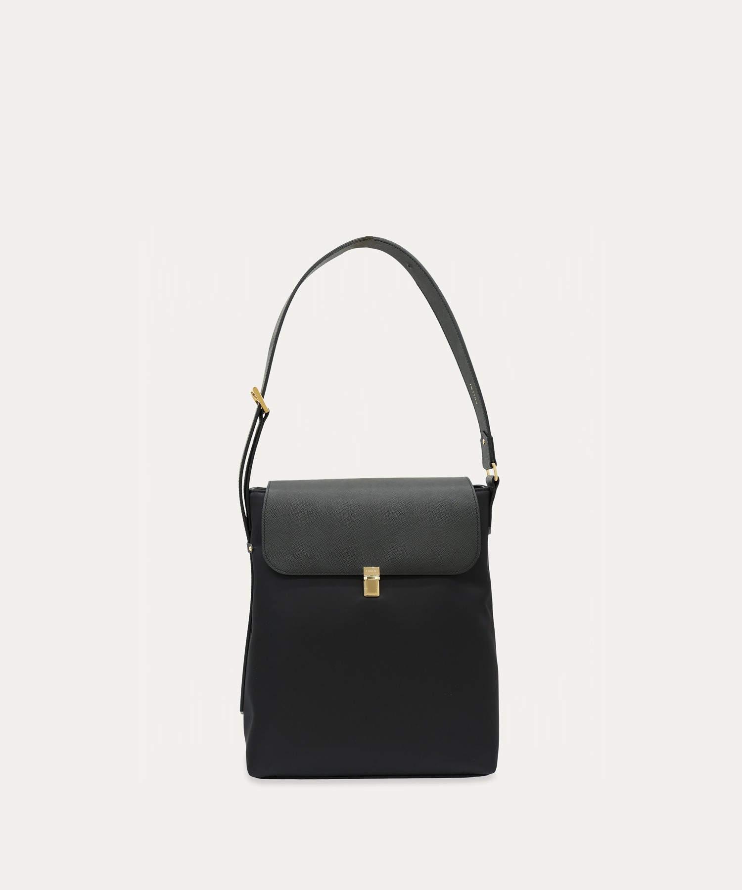 Leather Flap Nylon Twill Shoulder Bag