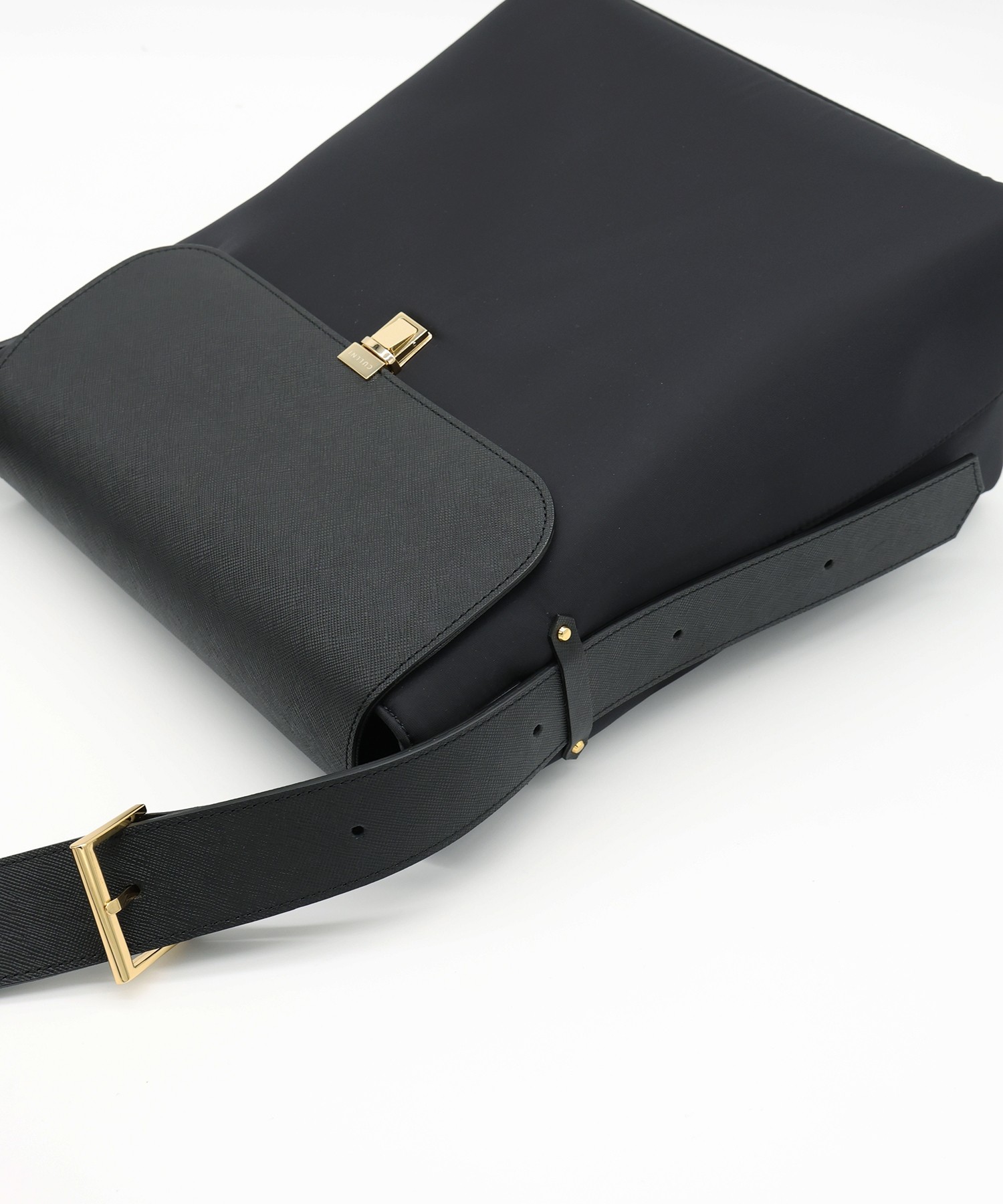 Leather Flap Nylon Twill Shoulder Bag