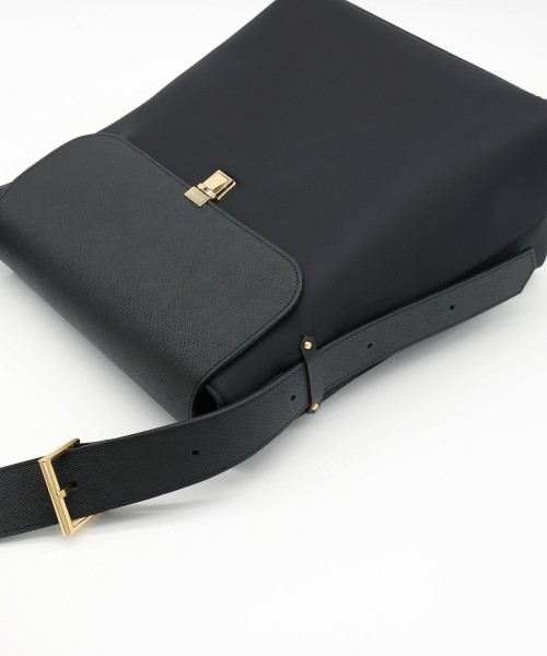 Leather Flap Nylon Twill Shoulder Bag