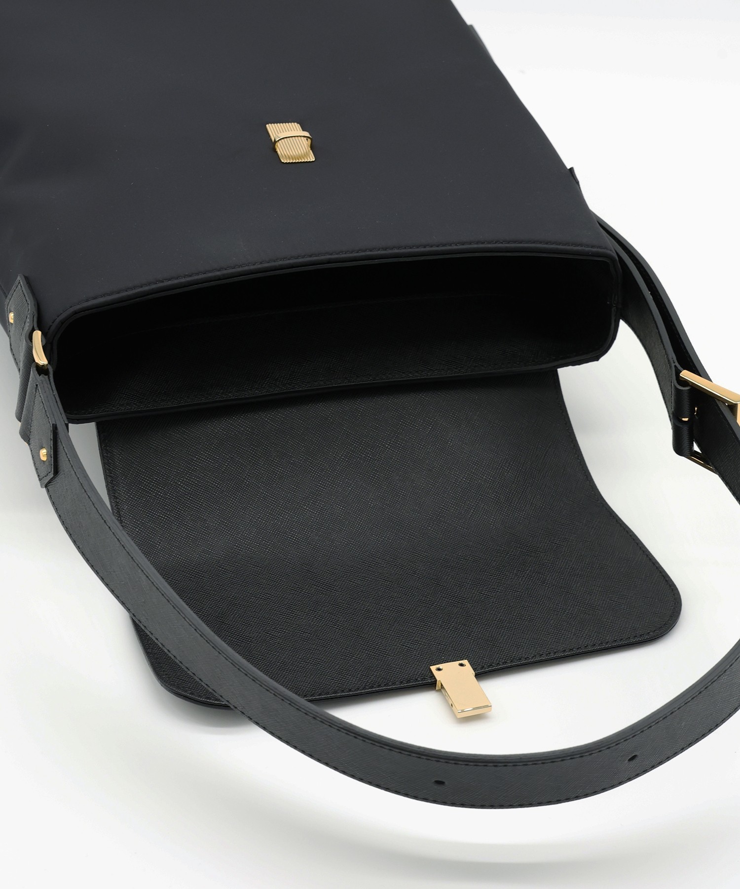 Leather Flap Nylon Twill Shoulder Bag