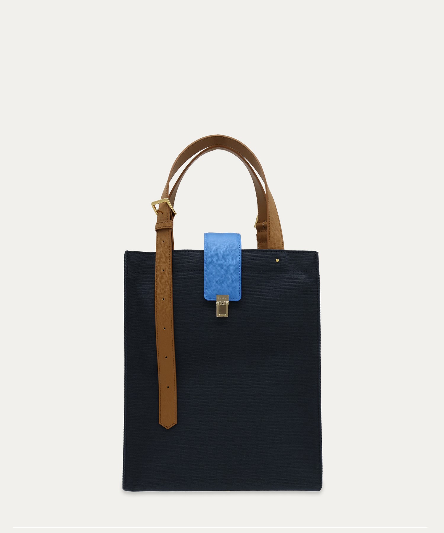 Leather Flap & Belt Tuck Lock Canvas Tote Bag