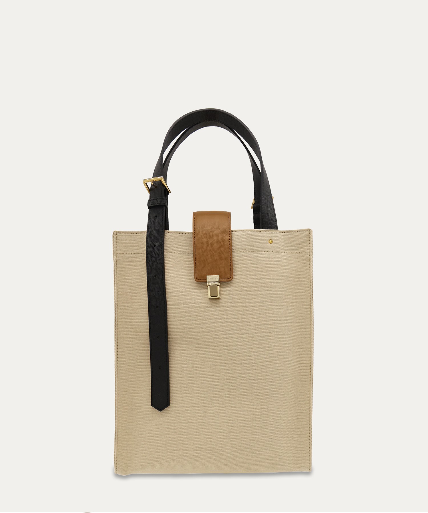 Leather Flap & Belt Tuck Lock Canvas Tote Bag