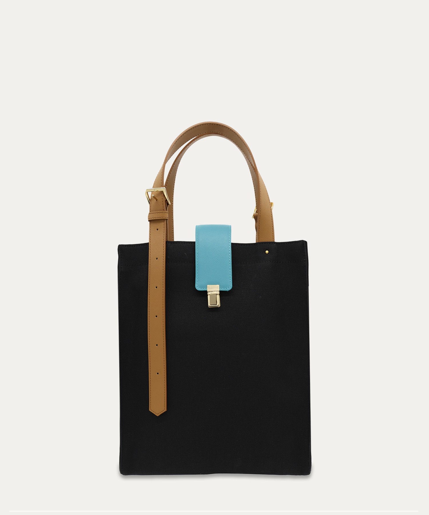 Leather Flap & Belt Tuck Lock Canvas Tote Bag