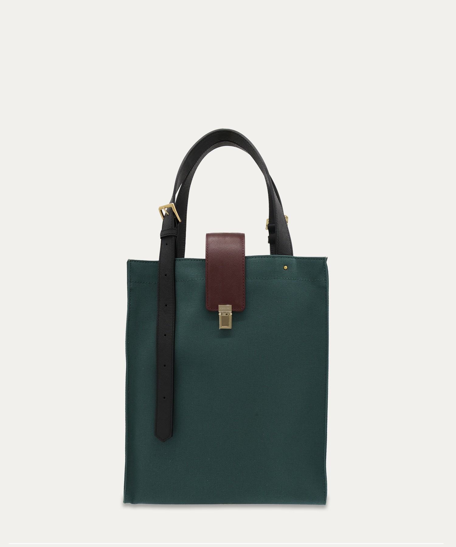Leather Flap & Belt Tuck Lock Canvas Tote Bag