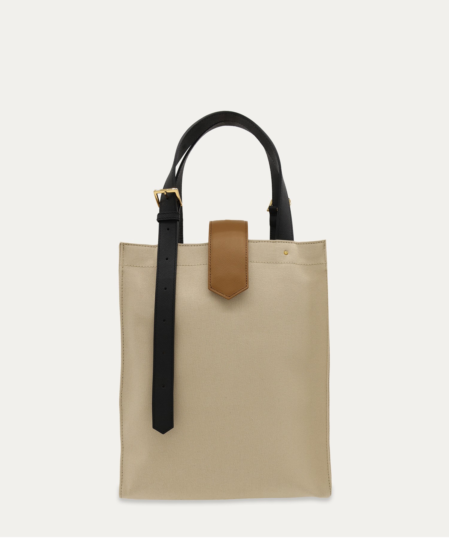 Leather Flap & Belt Tuck Lock Canvas Tote Bag
