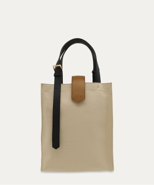 Leather Flap & Belt Tuck Lock Canvas Tote Bag