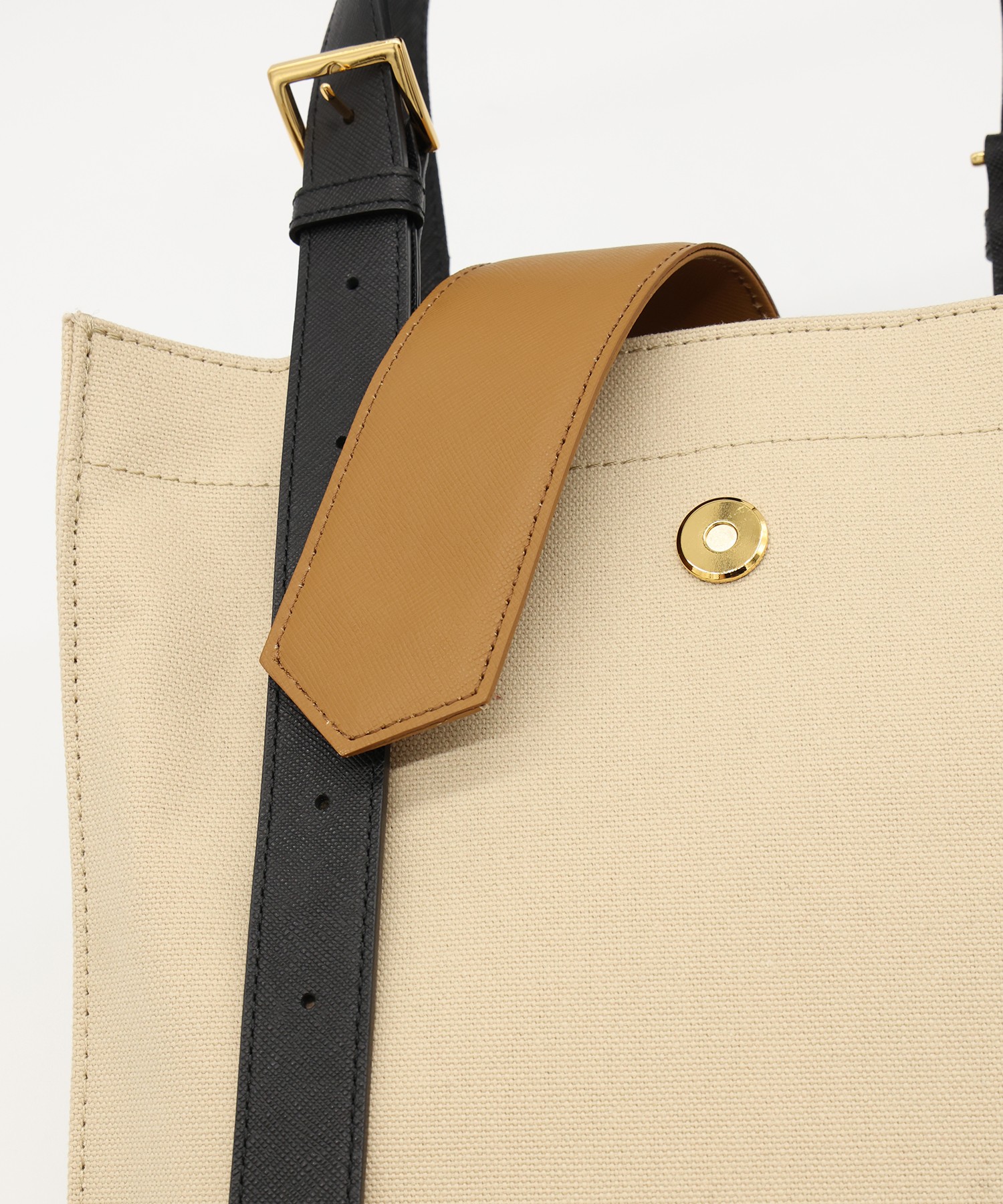 Leather Flap & Belt Tuck Lock Canvas Tote Bag