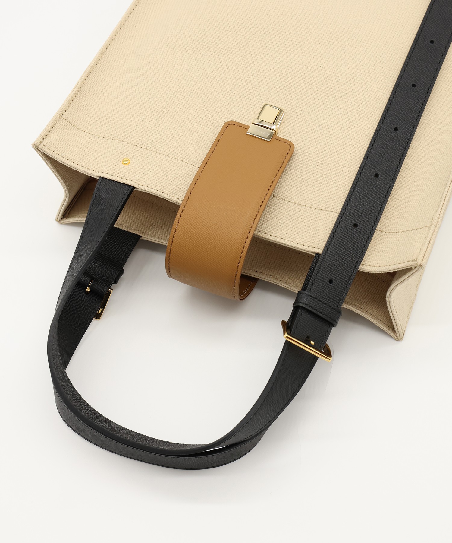 Leather Flap & Belt Tuck Lock Canvas Tote Bag