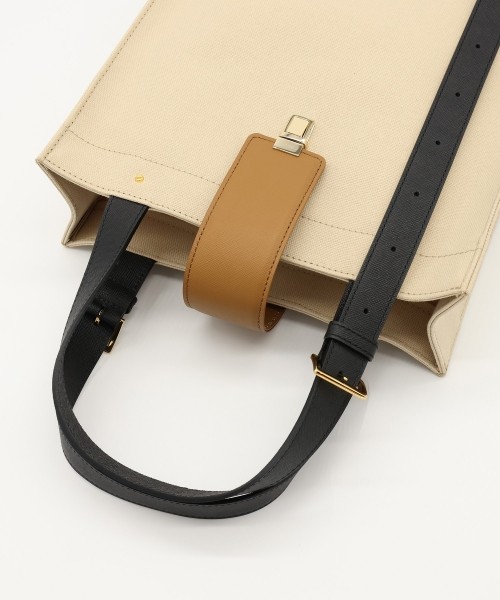Leather Flap & Belt Tuck Lock Canvas Tote Bag