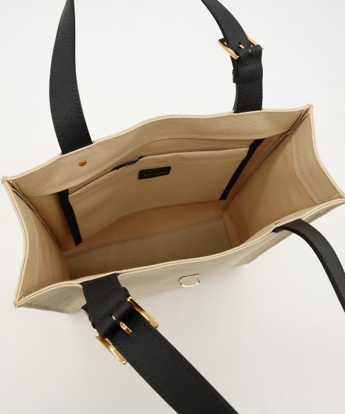 Leather Flap & Belt Tuck Lock Canvas Tote Bag