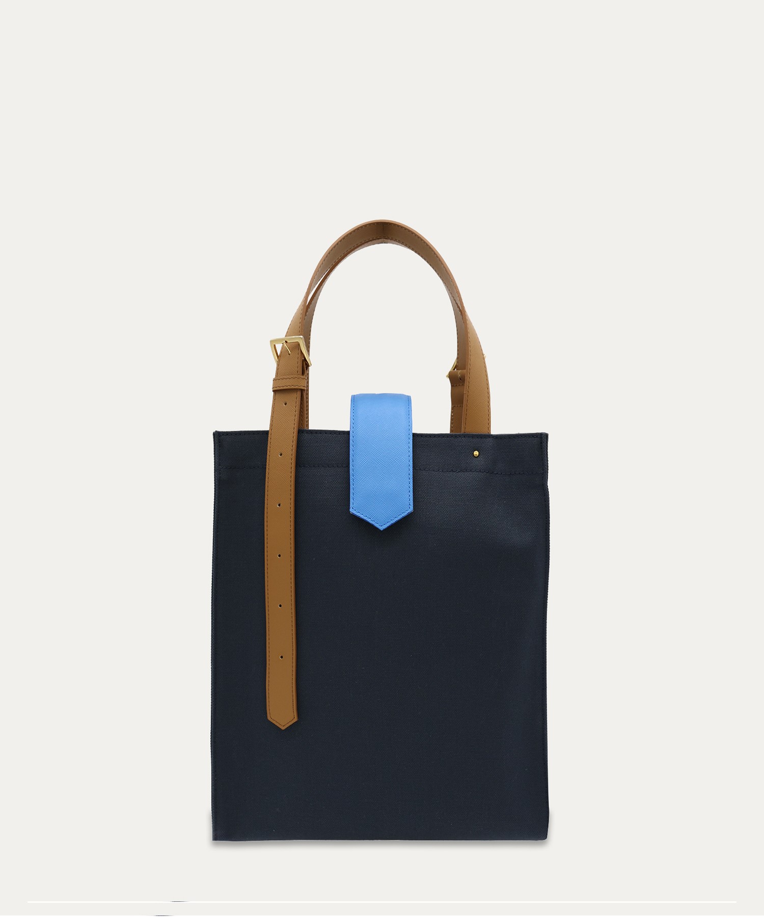 Leather Flap & Belt Tuck Lock Canvas Tote Bag