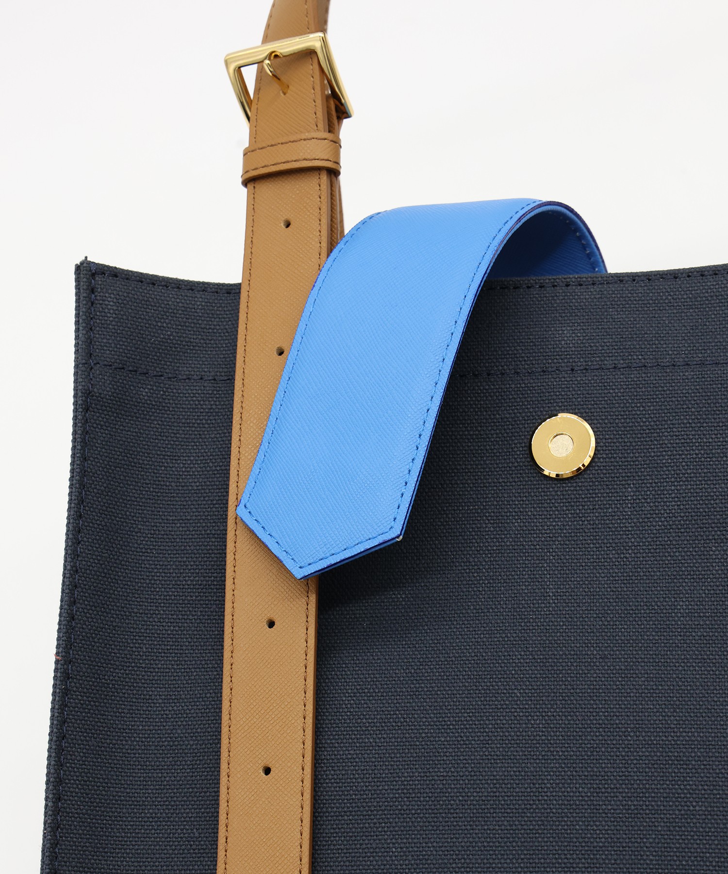 Leather Flap & Belt Tuck Lock Canvas Tote Bag