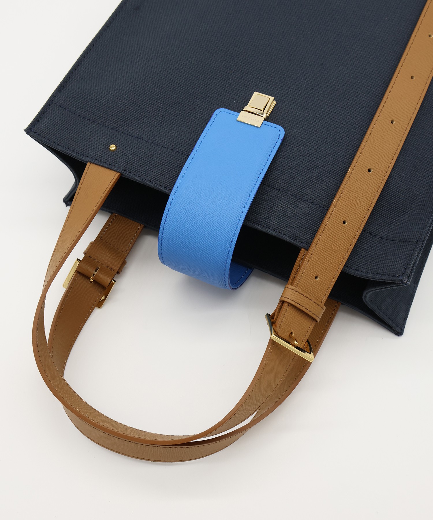 Leather Flap & Belt Tuck Lock Canvas Tote Bag