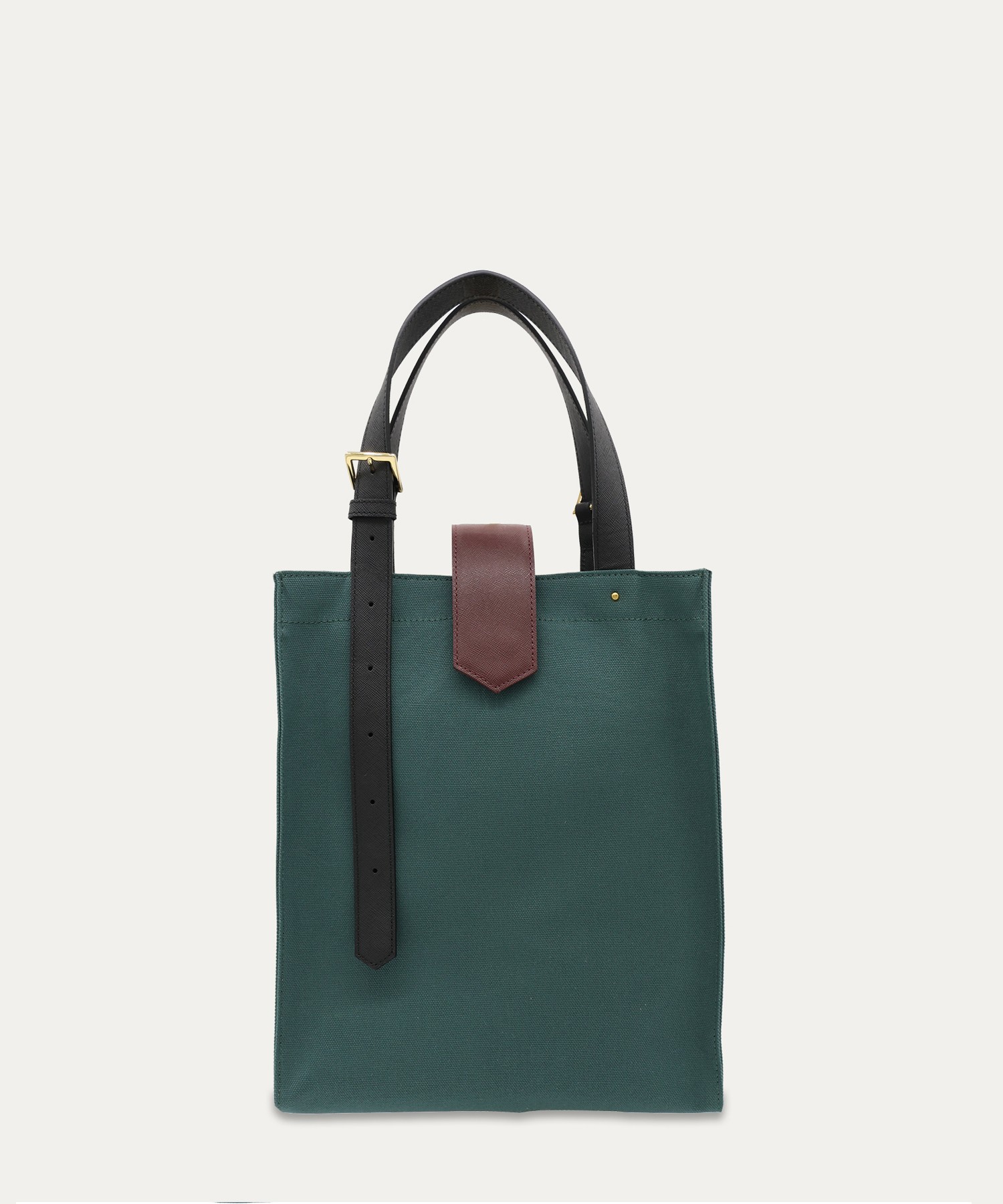 Leather Flap & Belt Tuck Lock Canvas Tote Bag