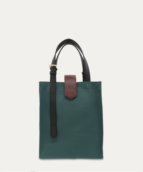 Leather Flap & Belt Tuck Lock Canvas Tote Bag